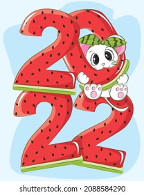 mouse with 2022 watermelon. happy new year poster.