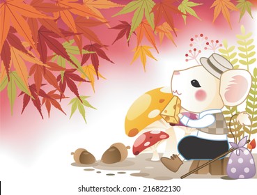 Mouse abroad with Bundle in Autumn