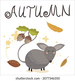 Mouse with acorns on the background of leaf fall, with lettering Autumn.