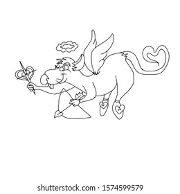 Mouse aiming a bow and wings,a tail with a heart.Valentine's day
 .On hand-drawn, on a white isolated background.Design for greeting card,banner, coloring.