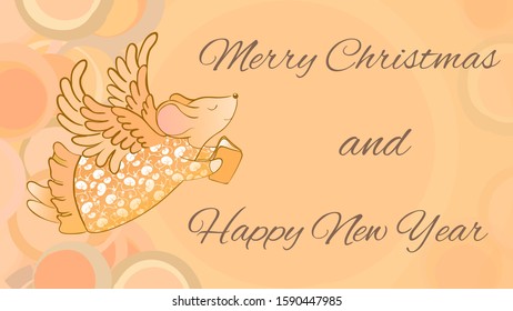 Mouse angel with the book. Christmas hand drawing doodle. Can be used for new year card. Vector illustration.
