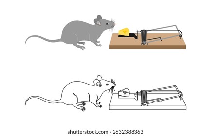 um rato aproxima-se de uma ratoeira com isca de queijo. ilustração vetorial isolada no fundo branco.