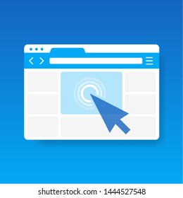 Mouse arrow click on browser web site window vector icon, cursor clicking on internet website page isolated on blue background.