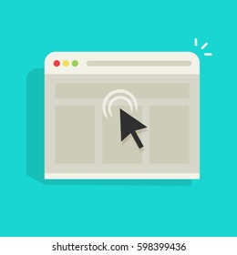 Mouse arrow click on browser web site window vector icon, black cursor clicking on internet website page isolated on blue background