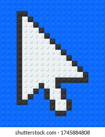 Mouse Arrow from plastic building bricks blocks toy. Blue background. vector illustration.