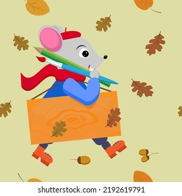 The mouse artist in a red beret and scarf, with a brush, pencil and easel goes to the autumn plein air during the fall of the leaves. Various leaves are falling around. Seamless pattern.