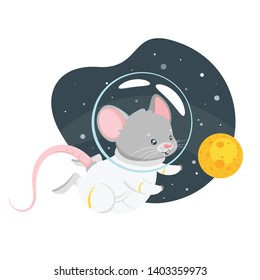 Mouse astronaut flat vector illustration. Cute animal exploring outer space children book drawing. Cartoon character in space suit and helmet. Adorable baby rat flying, catching planet, star, moon