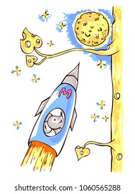 The mouse is astronaut, flying in the rocket Children s illustration