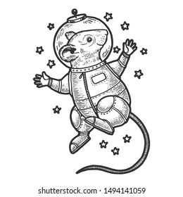 Mouse astronaut spaceman in space sketch engraving vector illustration. Tee shirt apparel print design. Scratch board style imitation. Black and white hand drawn image.