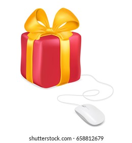 Mouse attached to a gift box. Buying gifts by online shopping. Vector image isolated