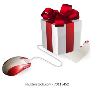 Mouse attached to a gift concept. Buying gifts by online shopping or being given gifts for surfing the web or buying online.