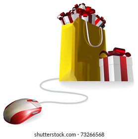 Mouse attached to a shopping bag with giftst concept. Buying gifts by online shopping or being given gifts for surfing the web or buying online.