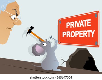 Mouse attaching a Private Property sign in front of an annoyed homeowner, EPS 8 vector illustration