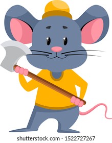 Mouse with axe, illustration, vector on white background.