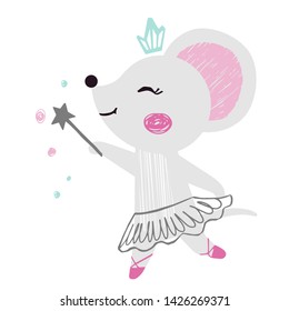 Mouse baby girl cute print. Sweet animal with magic wand, crown, ballet tutu, pointe shoes. Cool animal illustration for nursery t-shirt, kids apparel, birthday card, invitation. Simple child design