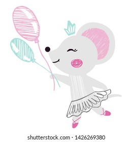 Mouse baby girl cute print. Sweet animal run with balloon, ballet tutu, pointe shoes. Cool animal illustration for nursery t-shirt, kids apparel, birthday card, invitation. Simple child design