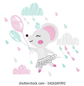 Mouse baby girl cute print. Sweet animal flying on balloons among clouds with ballet tutu, pointe, shoes. Cool animal illustration for nursery wallpaper, t-shirt, kids apparel, birthday. Girly design