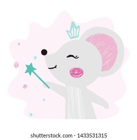 Mouse baby girl cute print. Sweet animal with magic wand, crown. Cool animal illustration for nursery t-shirt, kids apparel, birthday card, invitation. Simple child design