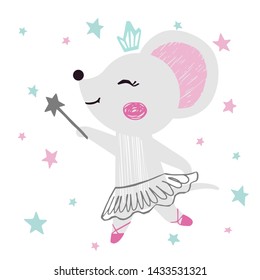 Mouse baby girl cute print. Sweet animal with magic wand, crown, ballet tutu, pointe shoes. Cool animal illustration for nursery t-shirt, kids apparel, birthday card, invitation. Simple star design