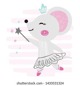 Mouse baby girl cute print. Sweet animal with magic wand, ballet tutu, pointe, crown on striped background. Cool animal illustration for nursery, t-shirt, kids apparel, birthday card. Simple girly des