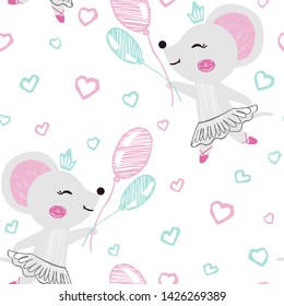 Mouse baby girl cute seamless pattern. Sweet animal flying on balloons among clouds. Ballet tutu, pointe. Cool animal illustration for nursery wallpaper, t-shirt, kids apparel, baby print, girly party