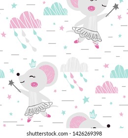 Mouse baby girl cute seamless pattern. Sweet animal with magic wand, crown, tutu, pointe. Cool animal illustration for nursery wallpaper, t-shirt, kids apparel, baby print, girly party. Cloud star sky