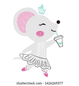 Mouse baby girl cute summer print. Sweet animal with coffee cup ballet skirt, bow. Cool illustration for cafe menu design, coffee house decor, nursery wallpaper, t-shirt, birthday card