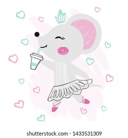 Mouse baby girl cute summer print. Sweet animal with coffee cup ballet skirt, bow on background with hearts. Cool illustration for cafe menu design, coffee house decor, nursery wallpaper, t-shirt, bir