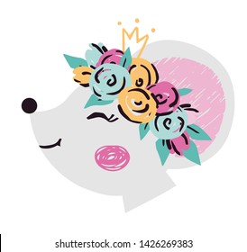 Mouse baby girl face cute print. Sweet animal princess head with crown and flower wreath. Cool animal illustration for nursery, t-shirt, kids apparel, birthday card, invitation. Simple girly design