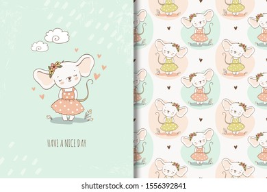 Mouse baby little cute girl character in child dress. Kids card print template and seamless background set. Hand drawn cartoon fabric or surface design vector illustration.