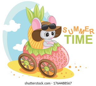 Mouse baby little cute girl character on a strawberry car. Summer time lettering text.