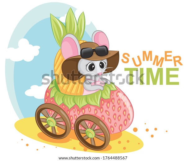Mouse baby little cute girl character on\
a strawberry car. Summer time lettering\
text.