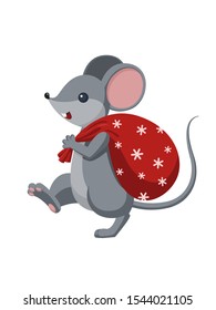 Mouse with a bag of gifts. The symbol of the Chinese 2020. Holiday card. Vector illustration on white background.