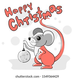A mouse with a ball of cheese. Merry Christmas. Vector image.
