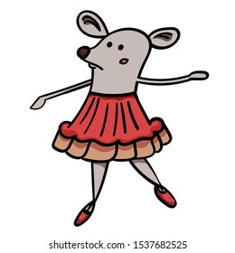 A mouse ballerina in a pink tutu performs a graceful dance. Vector Illustration in Cartoon style