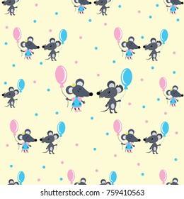 Mouse with balloons seamless pattern for textile, Wallpaper, wrapping paper, decorations on light background