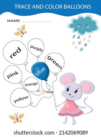Mouse with balloons vector illustration. Trace line and color page game for kids to study colors. Preschool or kindergarten tracing worksheet with dashed lines.Handwriting practice sheet