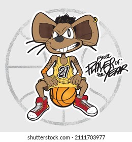 Mouse basketball player seated on a basket ball with a grin on his face. Mouse basketball mascot.