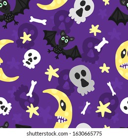 Mouse, bat, stars, month, teeth, skulls, bones for Halloween.Vector seamless pattern with bats and skulls on a lilac background for textiles, fabric, Wallpaper, background, wrapping paper, fabric.