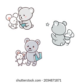Mouse and bear are best friends. Hand drawn vector illustrations with animal character theme