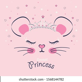 Mouse bear face spakle like a princess in  tiara vector illustration print t shirt on pink background