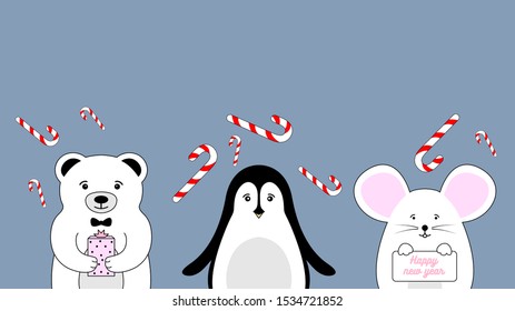 Mouse bear and penguin, Christmas background. Cute animals holiday composition