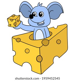 the mouse beast is enjoying a large slice of cheese, vector illustration art. doodle icon image kawaii.