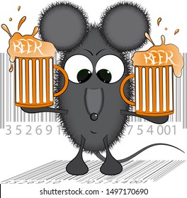 mouse and beer. cartoon vector illustration. funny cartoon rat vector illustration.  the rat in the pub illustration.