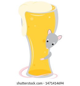 Mouse with beer. Oktoberfest animal. St. Patrick day. Element for logo, game, print, poster or other design project. Vector illustration.