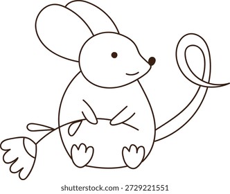 El ratón con orejas grandes se sienta sosteniendo un vientre redondeado, cola larga y rizada y tallo de flor, dibujo de contorno limpio. Símbolo de inocencia, bondad, infancia y amistad. Ilustración vectorial de dibujos animados.
