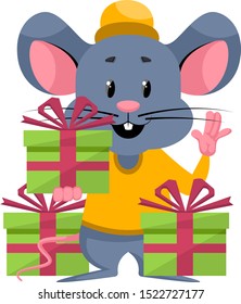 Mouse with birthday present, illustration, vector on white background.