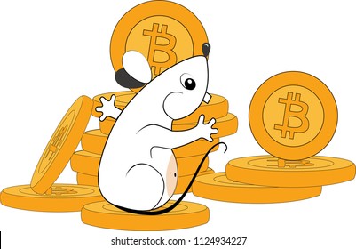 a mouse with a bitcoin coin on white background