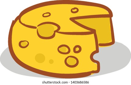 Mouse Bite On The Large Block Of Round Yellow Cheese Set Isolated On White Background, Vector, Color Drawing Or Illustration.