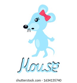The mouse is blue on a white background and the inscription mouse. For postcards, alphabet, fabric decoration.